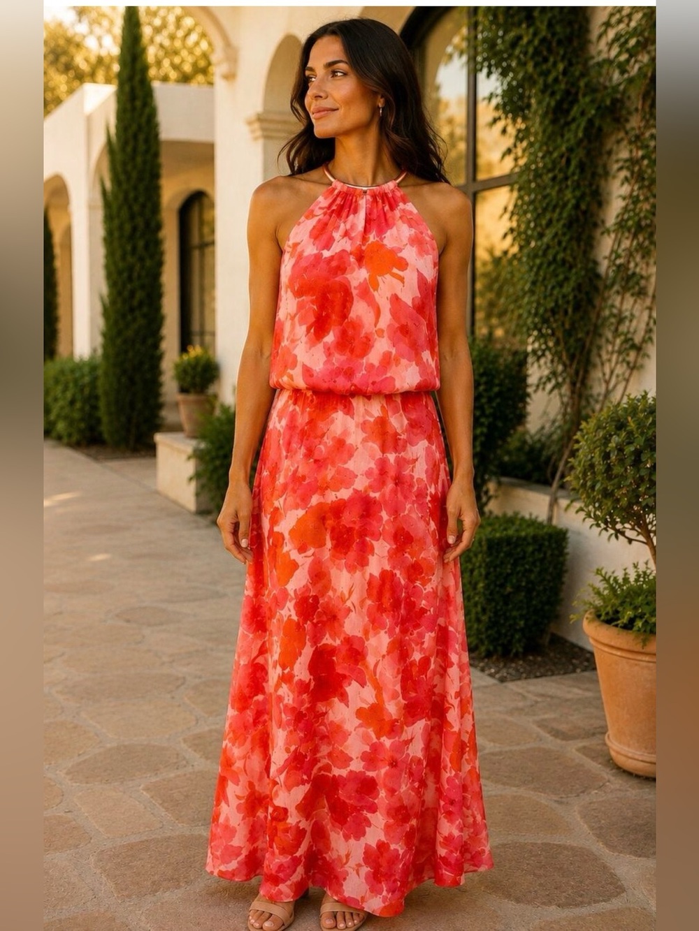 MSK Pink Coral Orange Floral Maxi Dress 12 NWT Rose Gold Hardware Halter $129